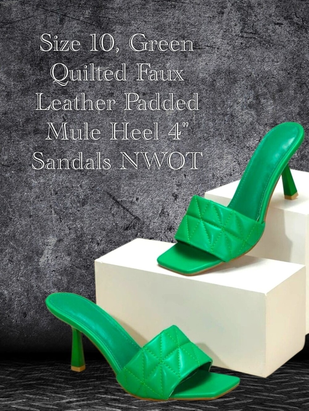 Grass Green Quilted Faux Leather Padded Mule Heel Sandals - Size 10 NWOT